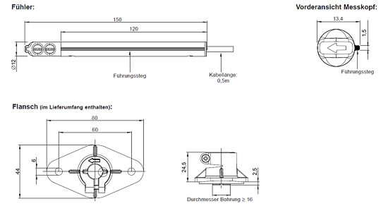 Die Abmessungen des Messumformers f�r Luftgeschwindigkeit EE 575