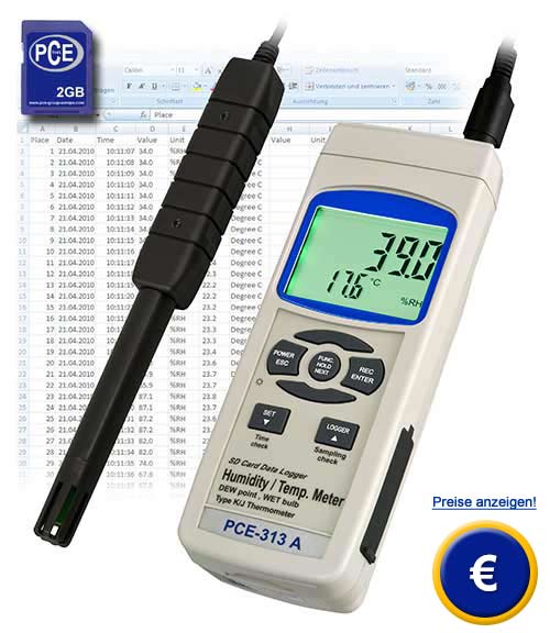 Hygrometer PCE-313A mit SD-Kartenspeicher für Langzeitaufnahme