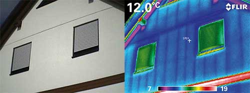 Gibelwand eines in Fertigbauweise errichtetem Haus mit einer Wrmebildkamera der Flir Ebx-Serie aufgenommen.