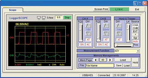 Das Bild zeigt die Software zum Handoszilloskop PCE-OC 1