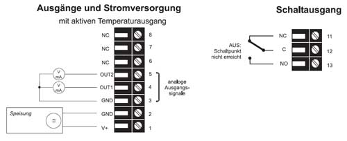 Anschlussmglichkeiten des Feuchte- und Temperaturmessumformers EE 23