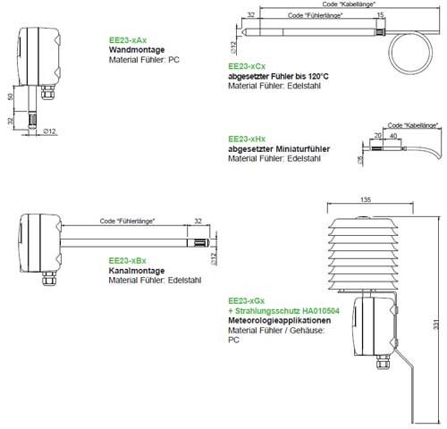 Bauformen und Abmessungen des Feuchte- und Temperaturmessumformers EE 23