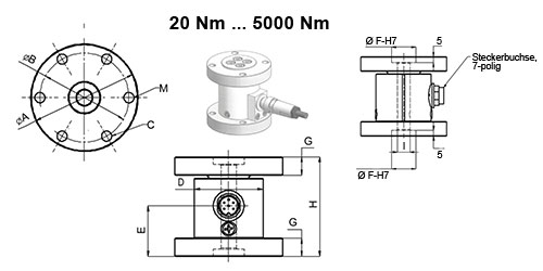 Technische Zeichnung der Drehmomentmesswelle PCE-SB Serie