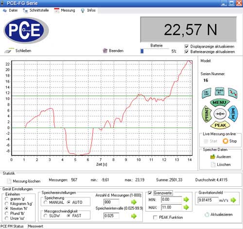 Software für die Kraftmessdose der Zug- und Druckkräfte PCE-FG Serie