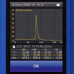 Messkurven können im zeitlichen Verlauf am Display vom Luftfeuchte - Messgerät XA1000 analysiert werden.