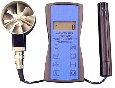 Hier sehen Sie das Luftgeschwindigkeitsmessgerät KM 6815 mit externem Flügelrad und Temperatur / Luftfeutigkeitssonde