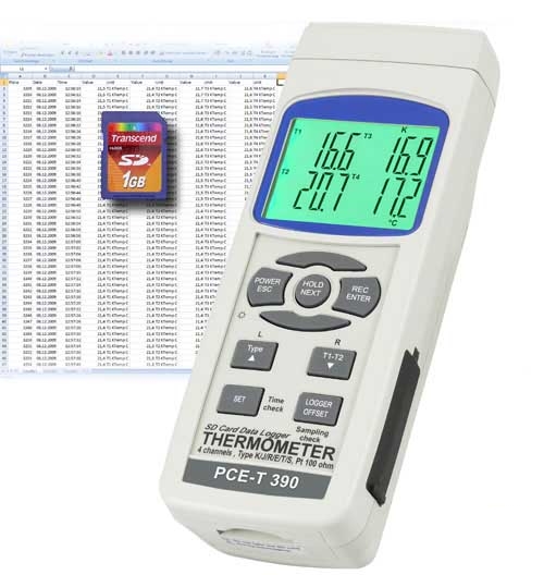 Hier kommen Sie zum Przionsthermometer PCE-T 390 mit seinem 4 Kanlen, Speicher, Schnittstelle und Software.