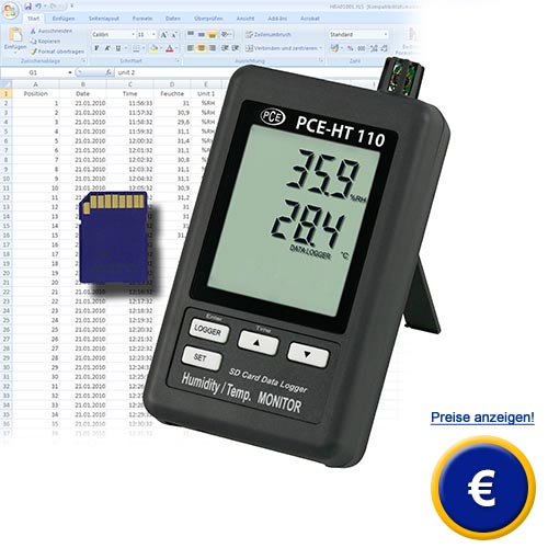 Datenlogger fr Temperatur und Feuchte mit flexiblen Speicher ber eine SD-Karte (1 ... 16 GB) 