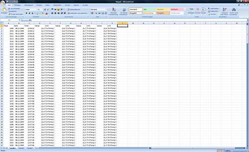 Die .xls Datei die direkt auf der SD-Karte des Temperaturmessgert erstellt wird.