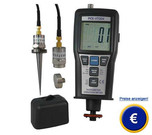 Vibrationsmesser PCE-VT 204 mit Sensoren und Adaptern (alles im Lieferumfang enthalten)