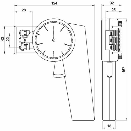 Hier sind die Abmessungen vom Zugspannungsmesser ZF in einer technischen Zeichnung dargestellt